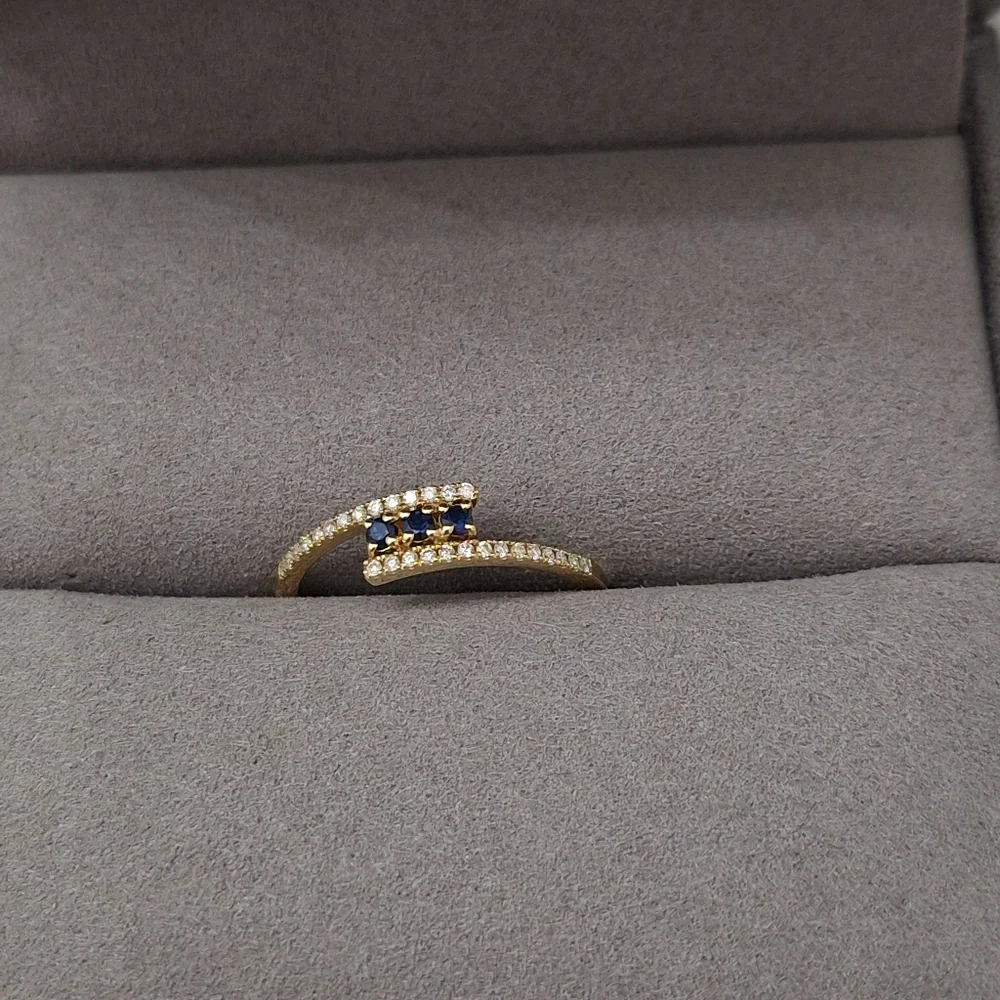 Ferkos 14k Cross Over Diamond Ring with Round Blue Sapphires - Picture 11 of 12